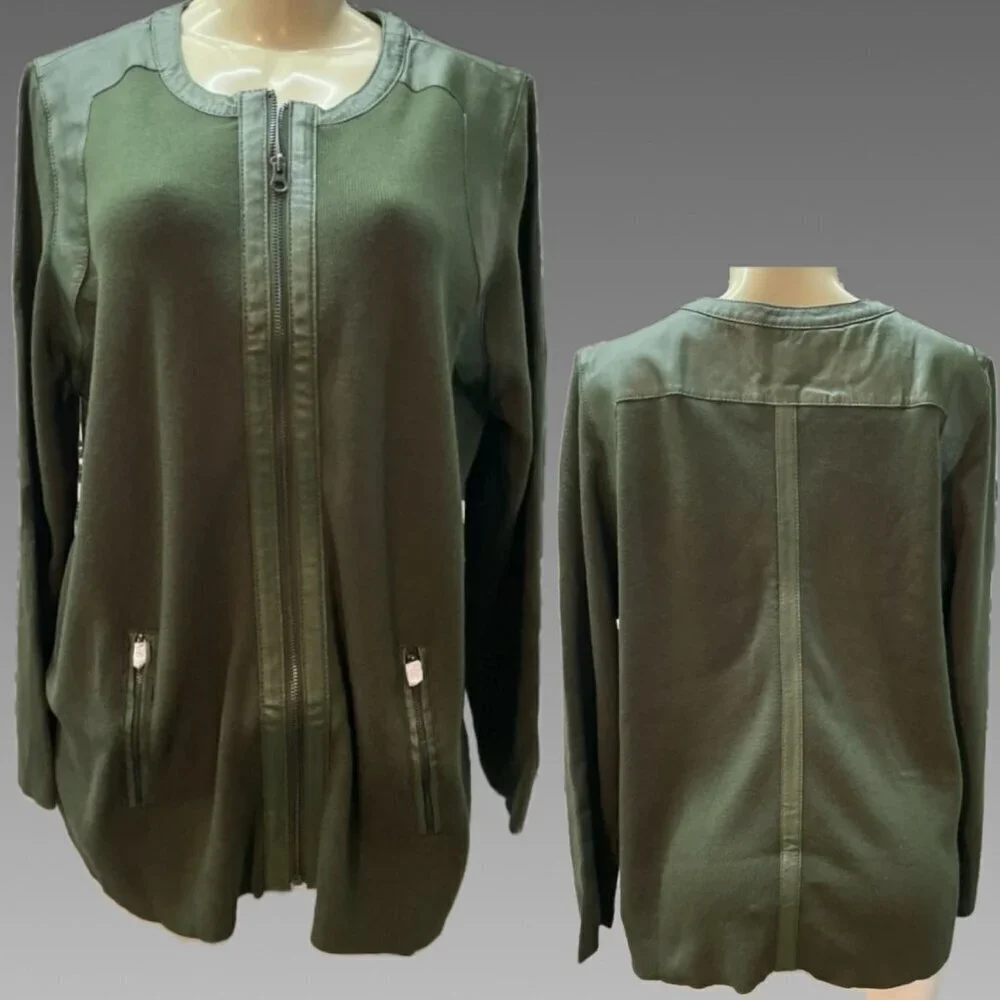 Jessica London 2X Green Zip Leather Detail Pockets Long Sleeve Sweater Shacket